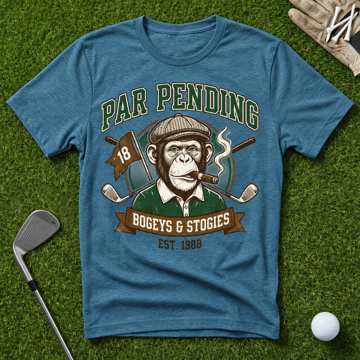 Bogeys & Stogies Ape T-Shirt in Heather Galapagos Blue