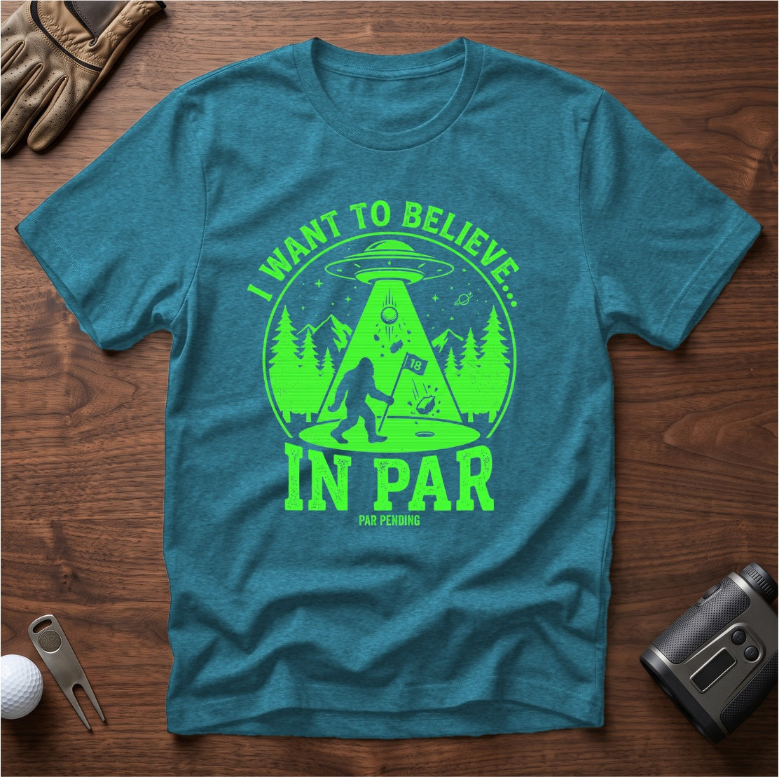 I Want To Believe In Par funny golf t-shirt in Heather Galapagos Blue