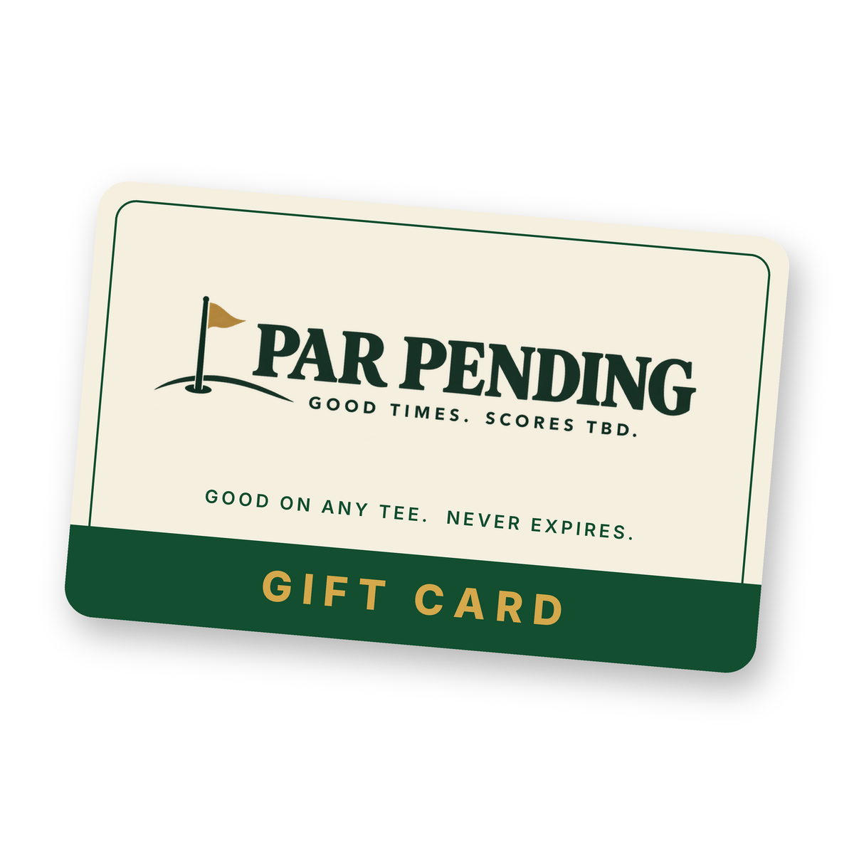 Par Pending gift card in cream and green with gold Gift Card lettering